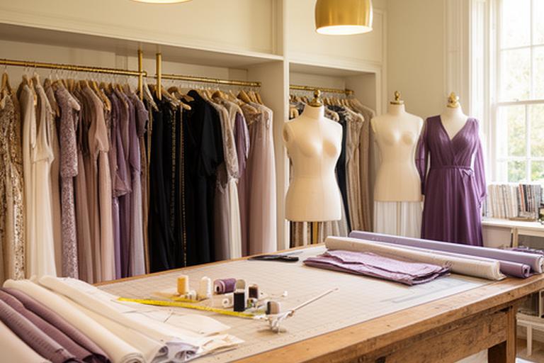 The Beeches evening wear studio in Surrey with fabric rolls, garment rails, and a large cutting table