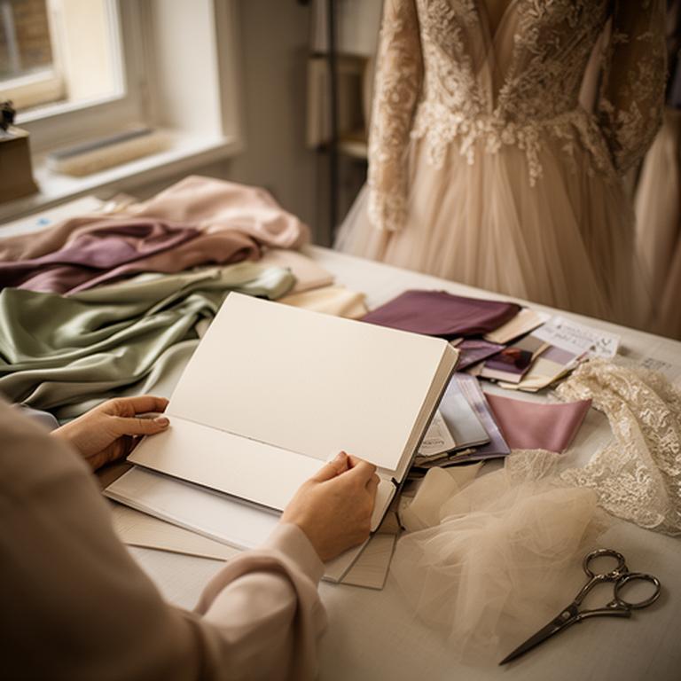 Designer reviewing a gown consultation notebook beside fabric swatches in a Surrey evening wear atelier