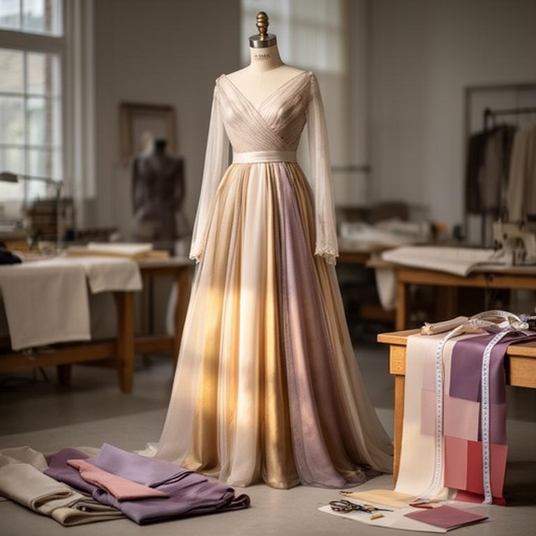 Evening gown on a dress form in a softly lit Surrey atelier beside fabric swatches