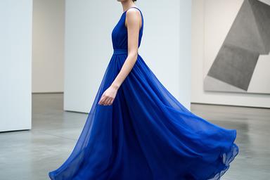 Cobalt chiffon A-line gown moving across a quiet gallery interior