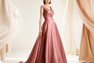 Rose silk A-line evening dress in a bright studio with draped fabric