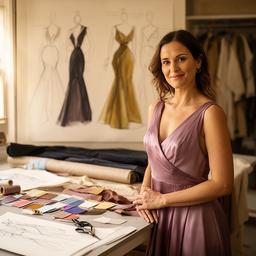 Founder of Williams & White Elegance Ltd in the Surrey studio, standing beside evening gown sketches and fabric swatches