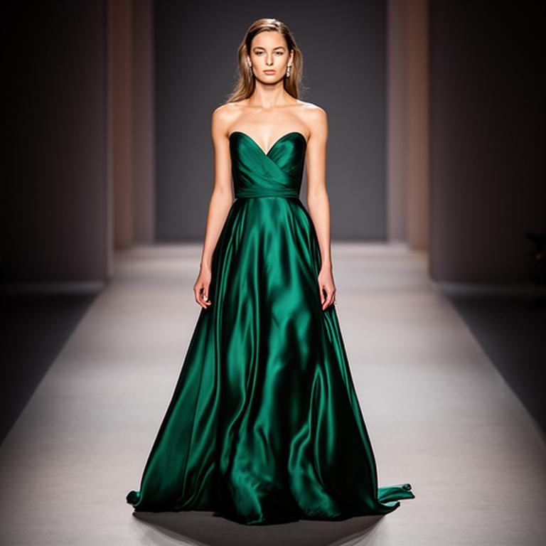 Model wearing an emerald satin evening gown on a softly lit runway