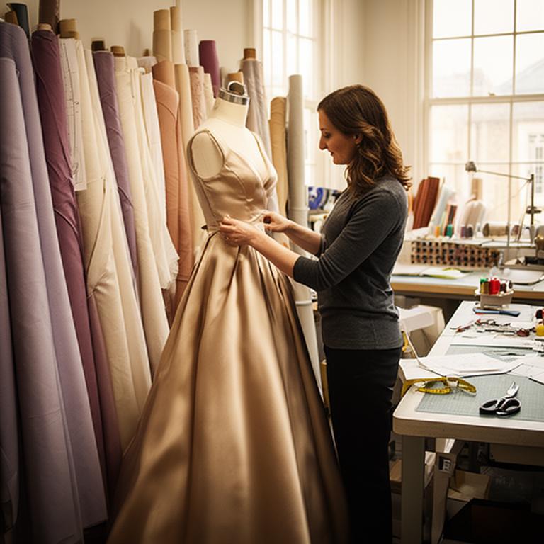 Designer adjusting a champagne satin gown beside fabric rolls at The Beeches
